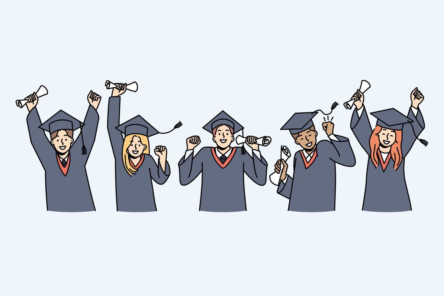 aufgeregte junge leute in kleidern und mützen feiern abitur. glückliche mädchen und jungs studenten triumph halten diplome graduierte collage oder universität. Ausbildung. Vektor-Illustration. vektor