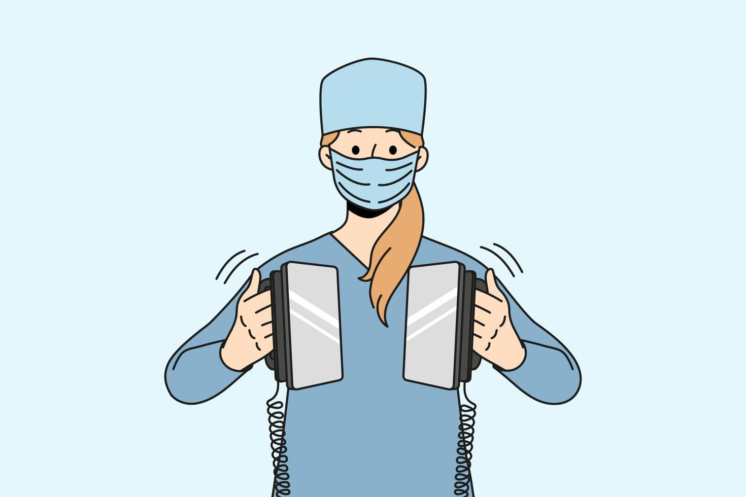 Krankenschwester in medizinischer Uniform und Gesichtsmaske, die Patienten im Krankenhaus wiederbelebt. arbeiterin verwendet defibrillator in er in der klinik. Medizin und Gesundheitswesen. Vektor-Illustration. vektor