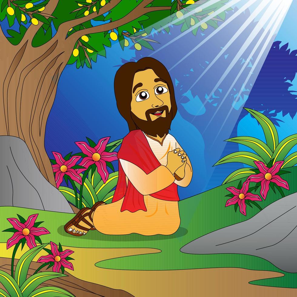 Jesus betet im Garten Gethsemane, Kinderbibelillustrationen, Bildung, Religion, Poster, Websites, T-Shirts, Druck und andere vektor