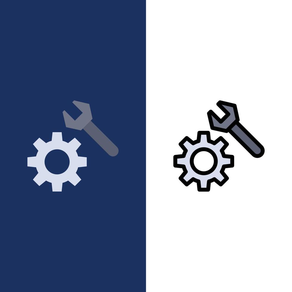 Schraubenschlüssel Zahnradsymbole flach und Linie gefüllt Symbolsatz Vektor blauen Hintergrund