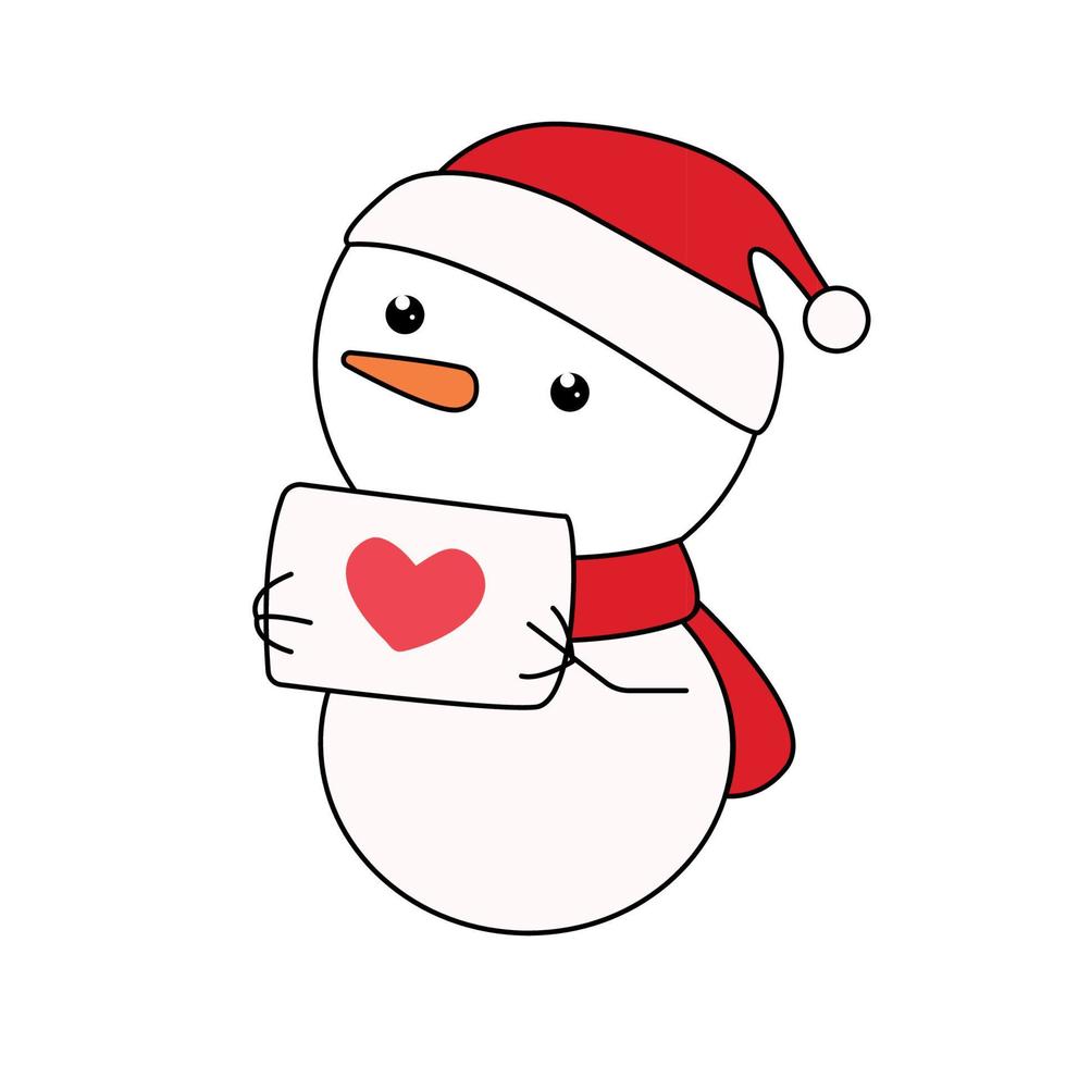 süßer schneemann in einer weihnachtsmütze und einem schal mit einem umschlag in seinen händen. weihnachtszeichentrickfigur in einem flachen stil ist auf einem weißen hintergrund isoliert. vektor