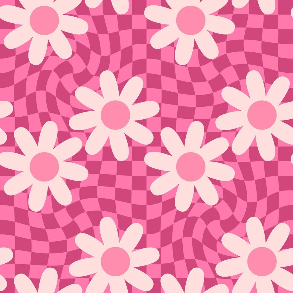 psychedelisches nahtloses Muster mit Kamillenblüten auf trippigem Gitterhintergrund. vektor