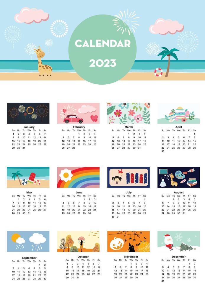 söt säsong- Semester kalender 2023 med särskild festival vektor