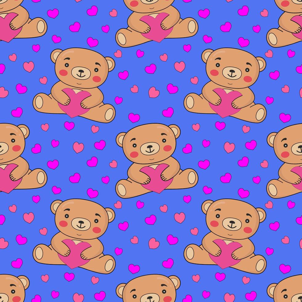 sömlös mönster med teddy björnar och hjärtan på en blå bakgrund. perfekt för hjärtans dag, födelsedag, bröllop kort, omslag papper, bakgrund, tapet, textil- design. vektor