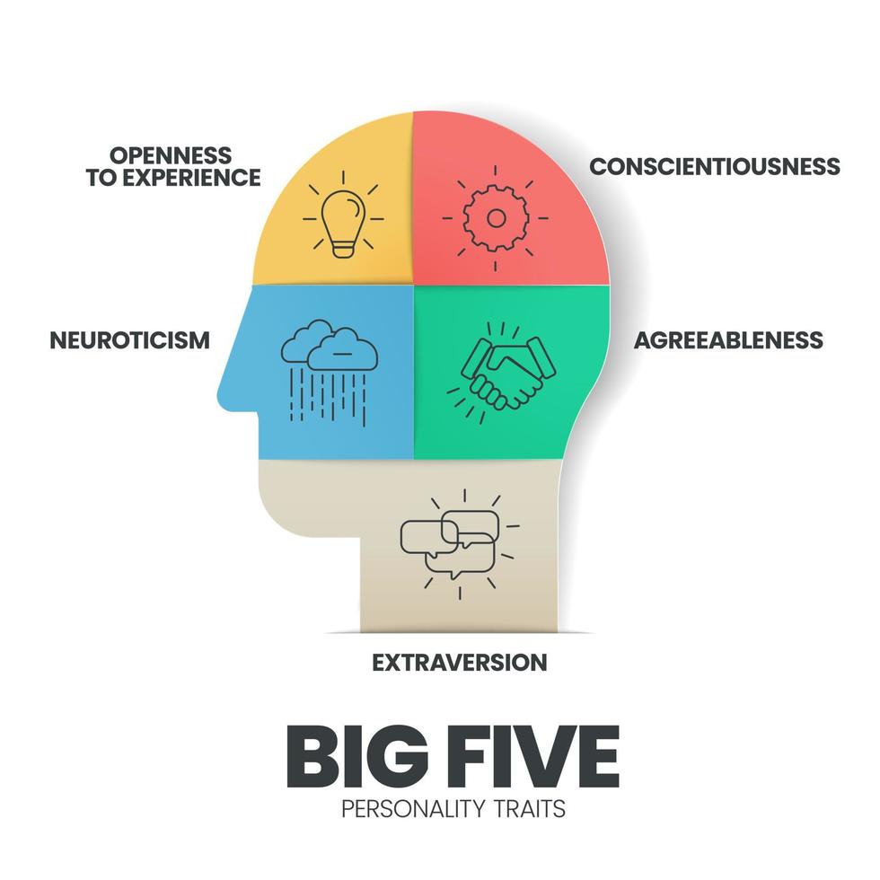 Big Five Persönlichkeitsmerkmale Infografik hat 4 Persönlichkeitstypen wie Verträglichkeit, Offenheit für Erfahrungen, Neurotizismus, Gewissenhaftigkeit und Extraversion. visueller Folienpräsentationsvektor. vektor