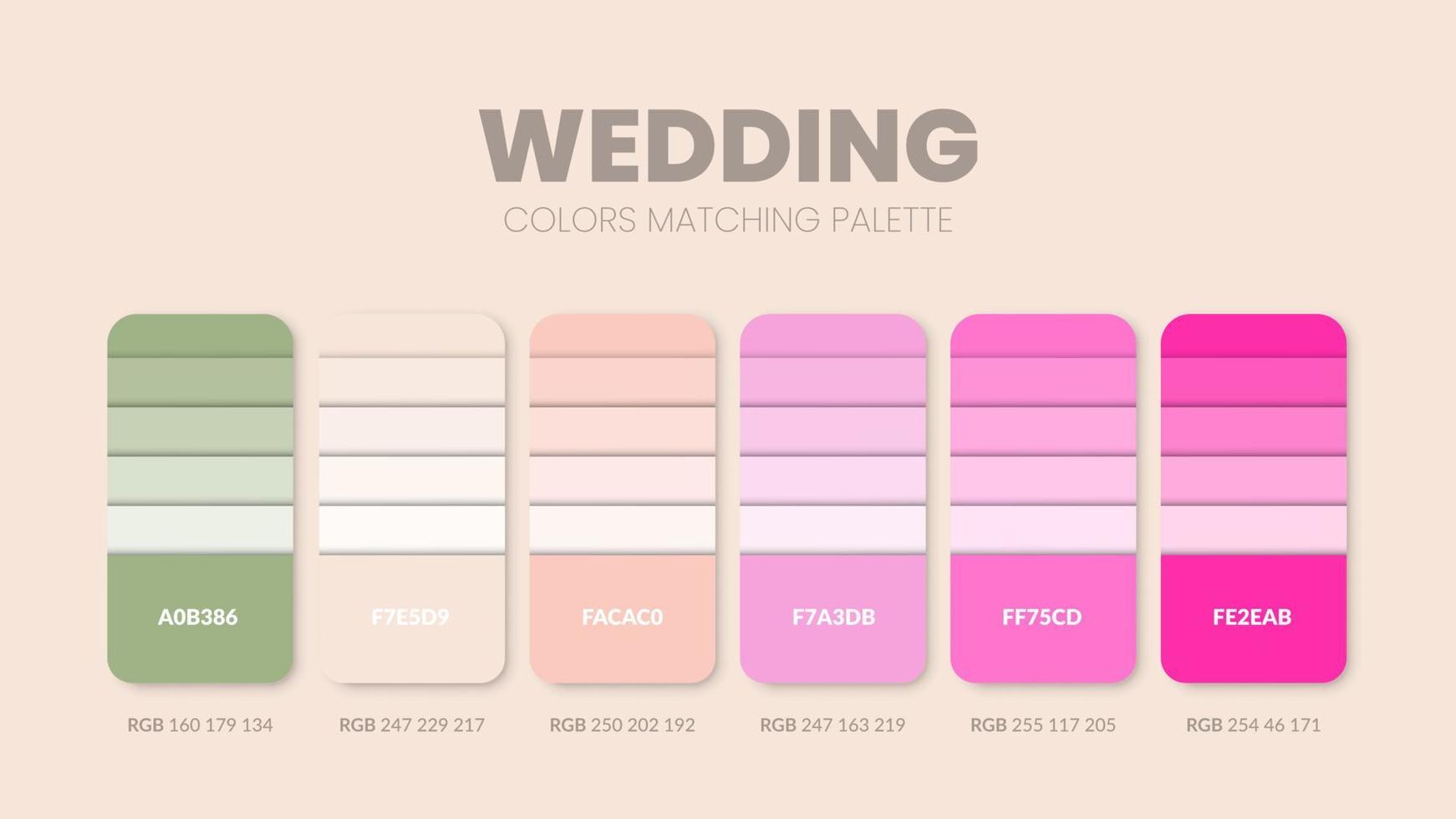 Farbschema Hochzeit. Farbtrendkombinationen und Palettenführer. beispiel für tabellenfarbtöne in rgb und hex. farbmuster für mode, zuhause, innenarchitektur 2022. farbdiagramm-ideenvektor. vektor