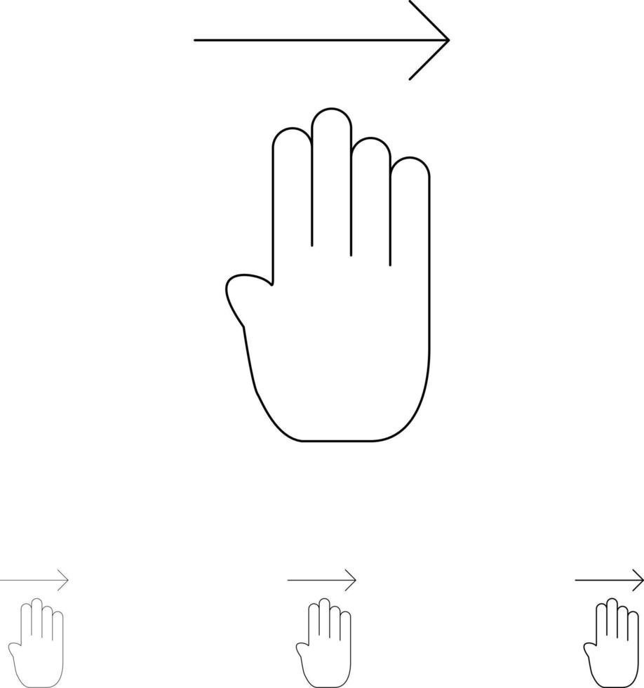 finger fyra gest rätt djärv och tunn svart linje ikon uppsättning vektor