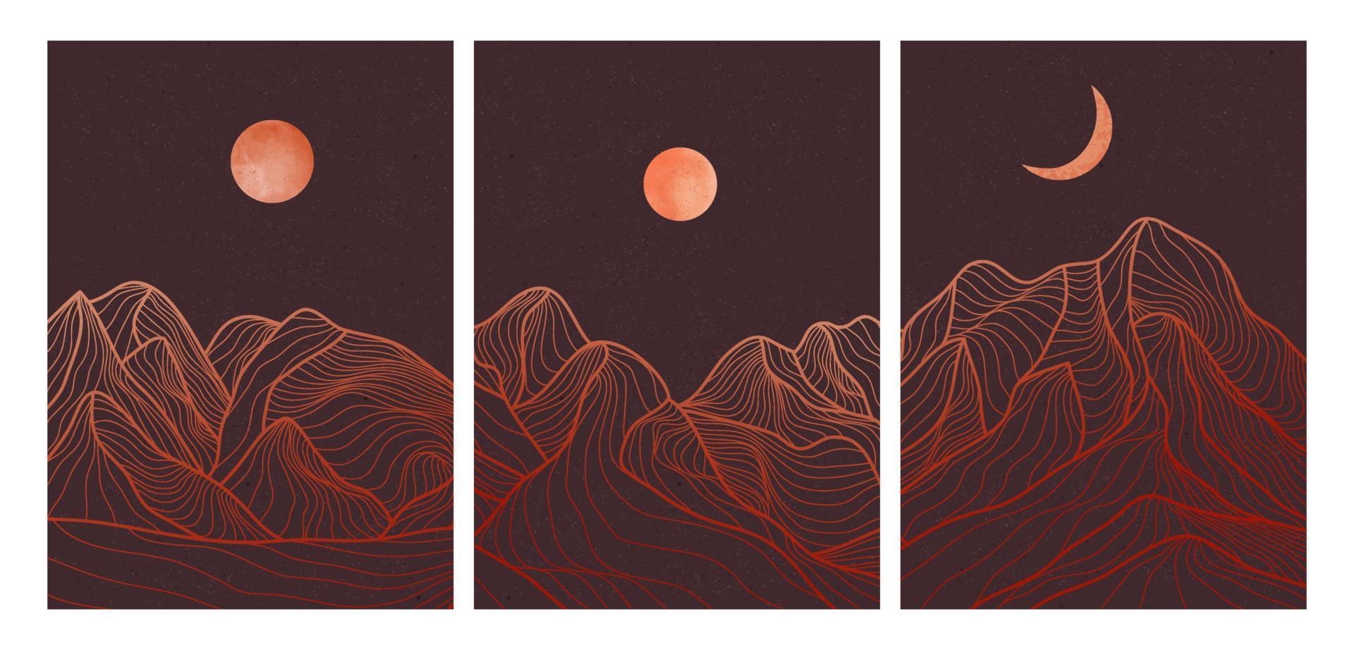 Satz von Berg. kreativer minimalistischer moderner Linienkunstdruck. abstrakte zeitgenössische ästhetische hintergründe landschaften. mit berg, meer, skyline, welle. Vektorillustrationen vektor