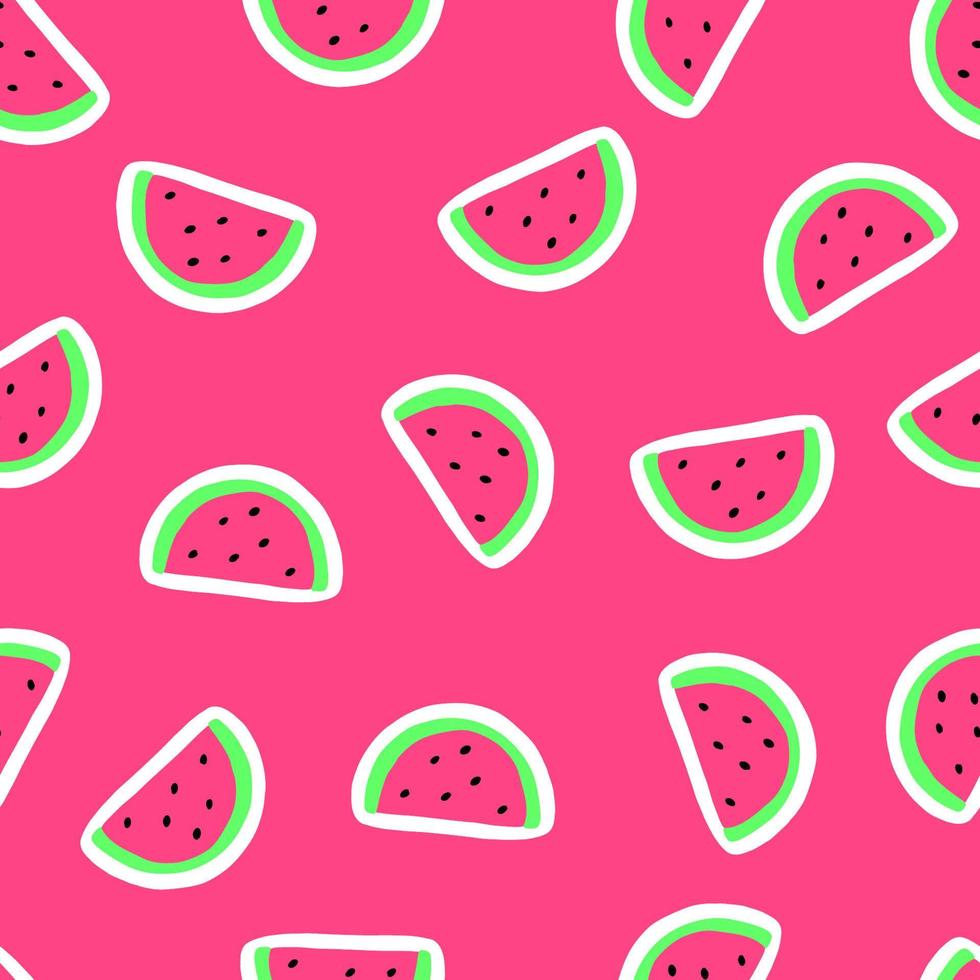 sömlös mönster med vattenmelon på rosa bakgrund. hand dragen vattenmelon skiva. färsk sommar frukt bakgrund. vektor illustration