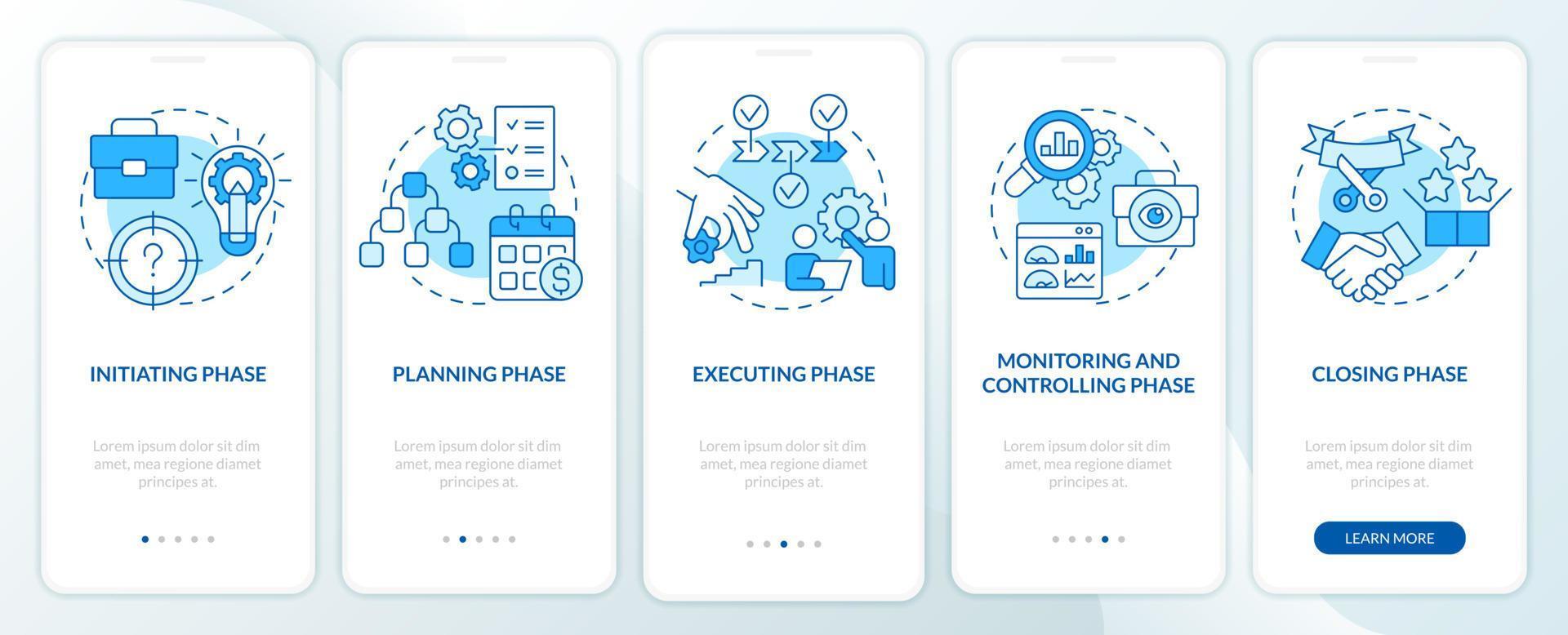 phasen des projektmanagements blauer onboarding-bildschirm der mobilen app. Komplettlösung 5 Schritte editierbare grafische Anweisungen mit linearen Konzepten. ui, ux, gui-Vorlage. vektor