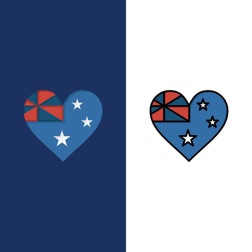 Australien Land flagga nation ikoner platt och linje fylld ikon uppsättning vektor blå bakgrund