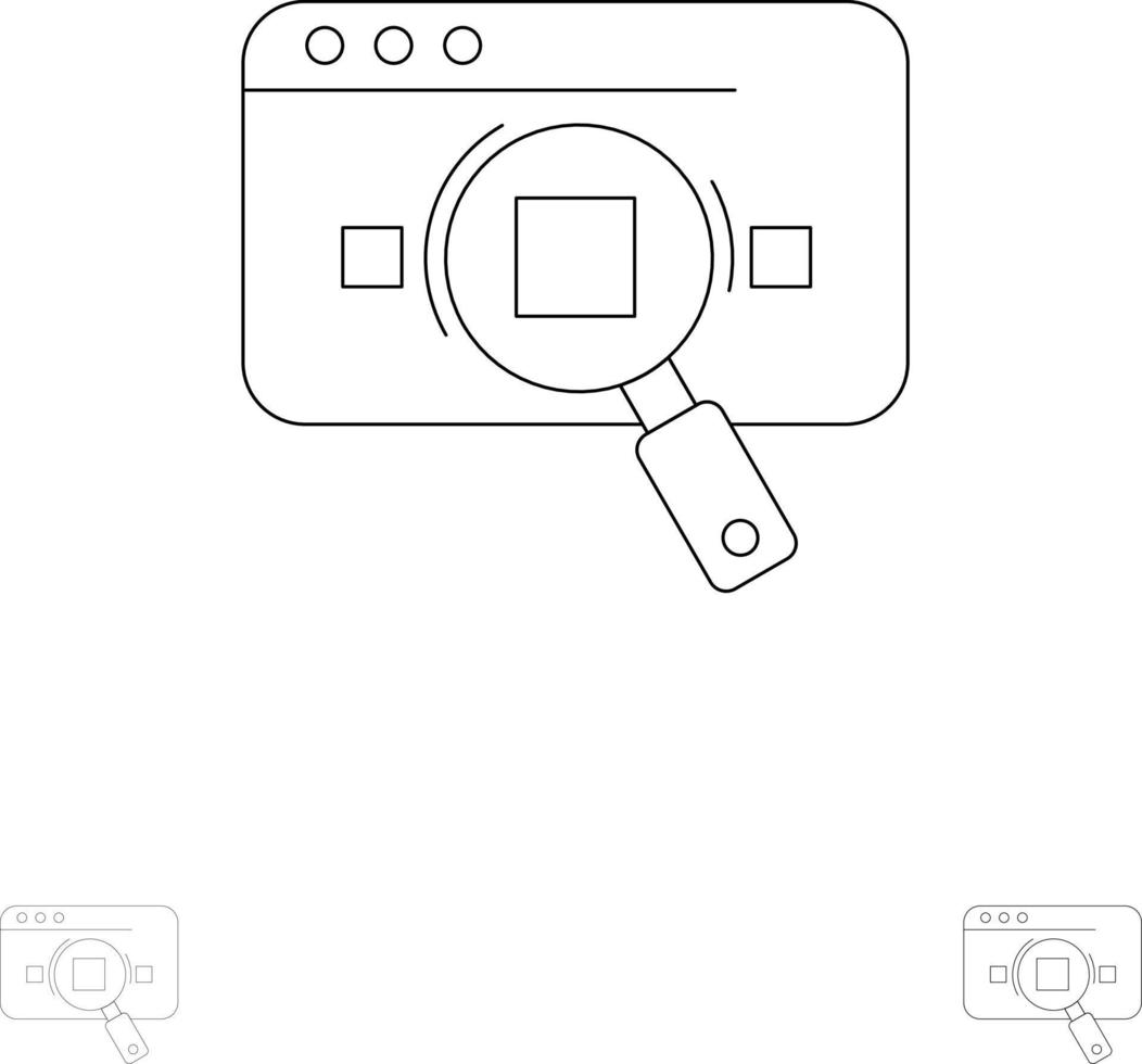 Forschung, Analytik, Daten, Informationen, Suche, Web, fetter und dünner Symbolsatz mit schwarzen Linien vektor