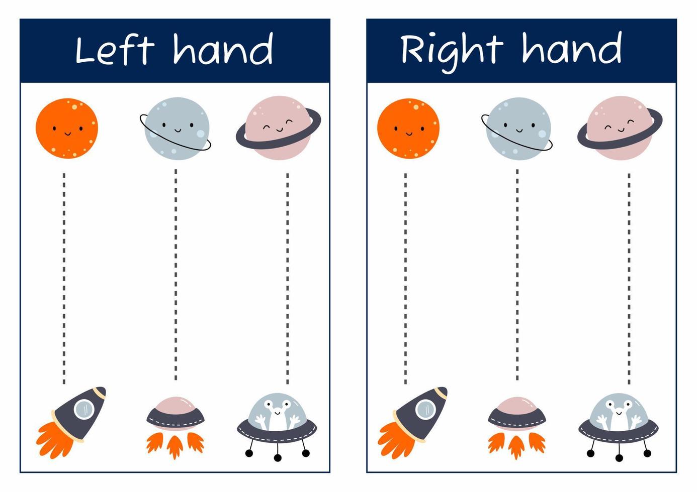 handstil öva ark. logisk spel för utveckling av interhemisfärisk anslutningar. skriva med din vänster och rätt hand. inlärning till skriva. skicka raket till planet. Plats. bildning neuralt ansluta vektor