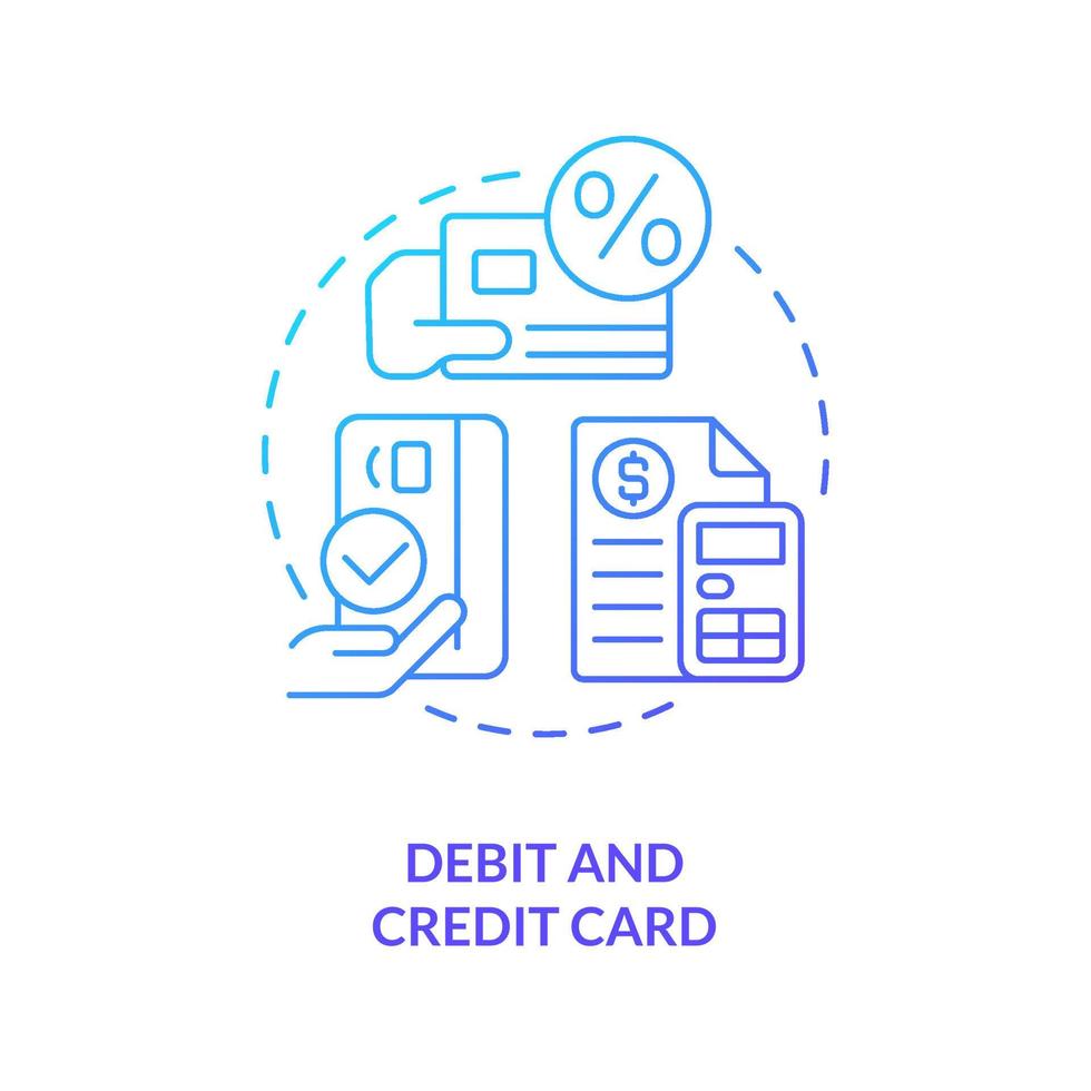 Debit- und Kreditkarte blaues Farbverlauf-Konzept-Symbol. Kredit- und Depotkonten. Bankprodukt abstrakte Idee dünne Linie Abbildung. isolierte Umrisszeichnung. vektor