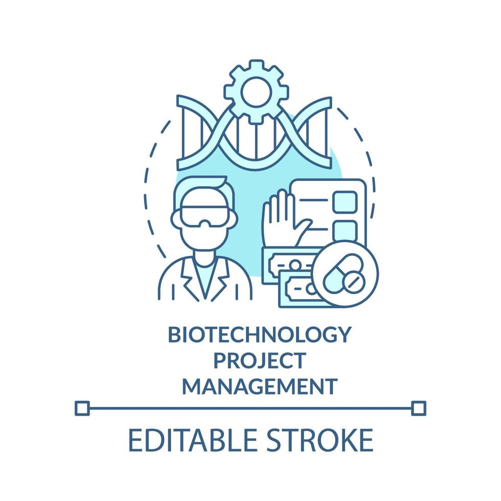 Symbol für das türkisfarbene Konzept des Biotechnologie-Projektmanagements. wissenschaftlicher Spezialist abstrakte Idee dünne Linie Illustration. isolierte Umrisszeichnung. editierbarer Strich. vektor