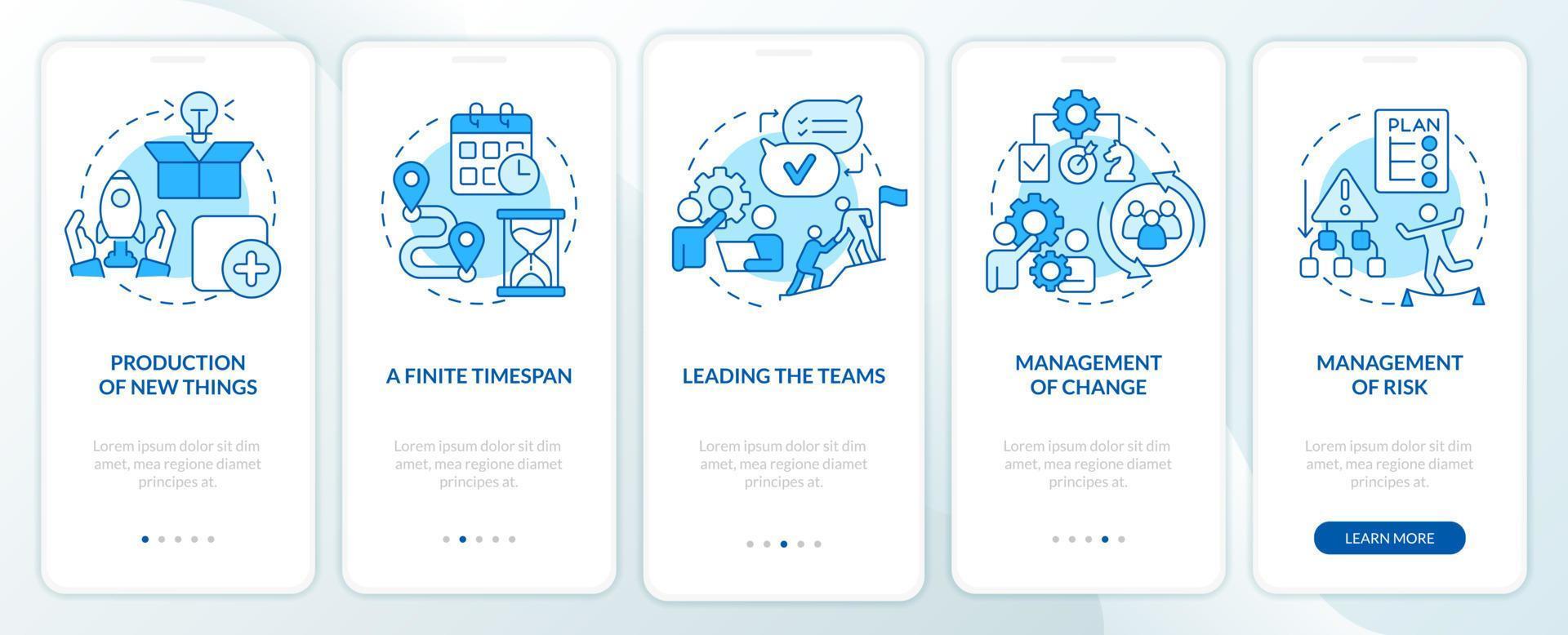 projektmanagement blauer onboarding-bildschirm der mobilen app. Organisation Walkthrough 5 Schritte bearbeitbare grafische Anweisungen mit linearen Konzepten. ui, ux, gui-Vorlage. vektor