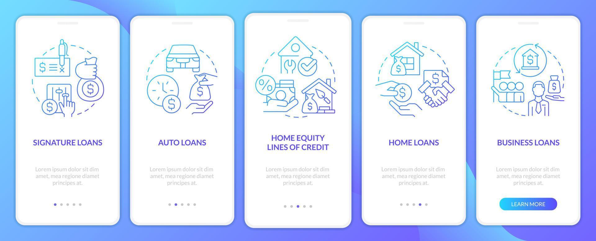 Kredittypen blauer Farbverlauf beim Onboarding auf dem Bildschirm der mobilen App. Banking Service Walkthrough 5 Schritte grafische Anweisungen mit linearen Konzepten. ui, ux, gui-Vorlage. vektor