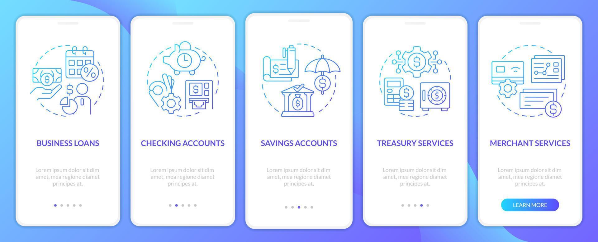 business banking blauer farbverlauf beim onboarding des mobilen app-bildschirms. Commerce Walkthrough 5 Schritte grafische Anweisungen mit linearen Konzepten. ui, ux, gui-Vorlage. vektor