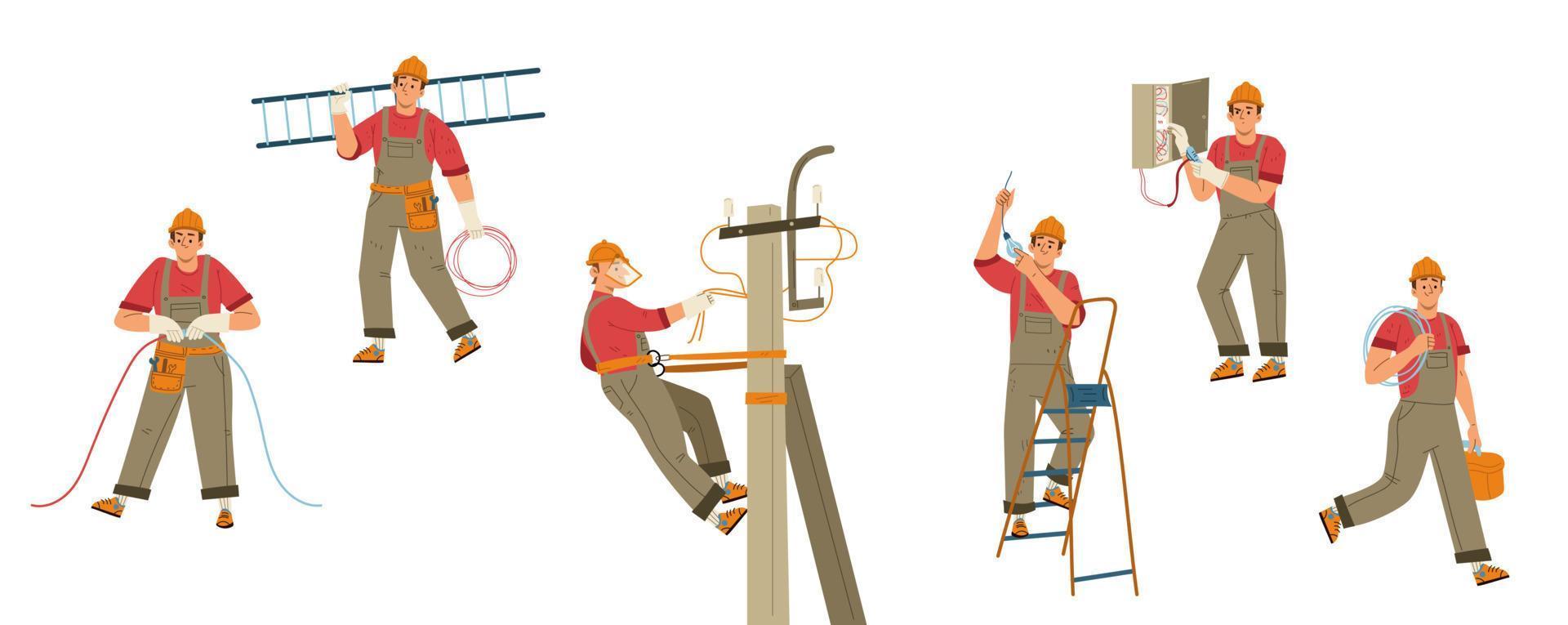 elektriker arbetstagare med verktyg, stege och trådar vektor