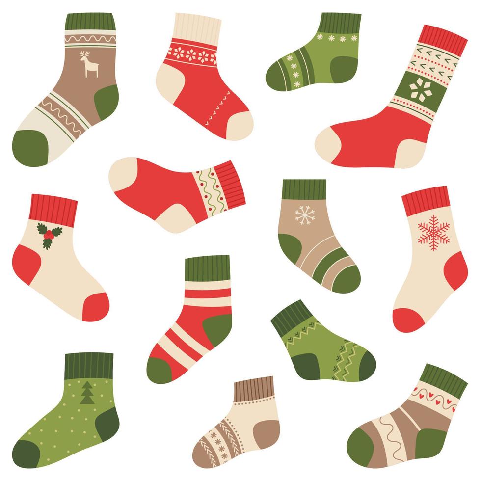 Set aus sortierten Weihnachts- und Wintersocken. Vektor-Illustration im flachen Stil isoliert auf weißem Hintergrund vektor