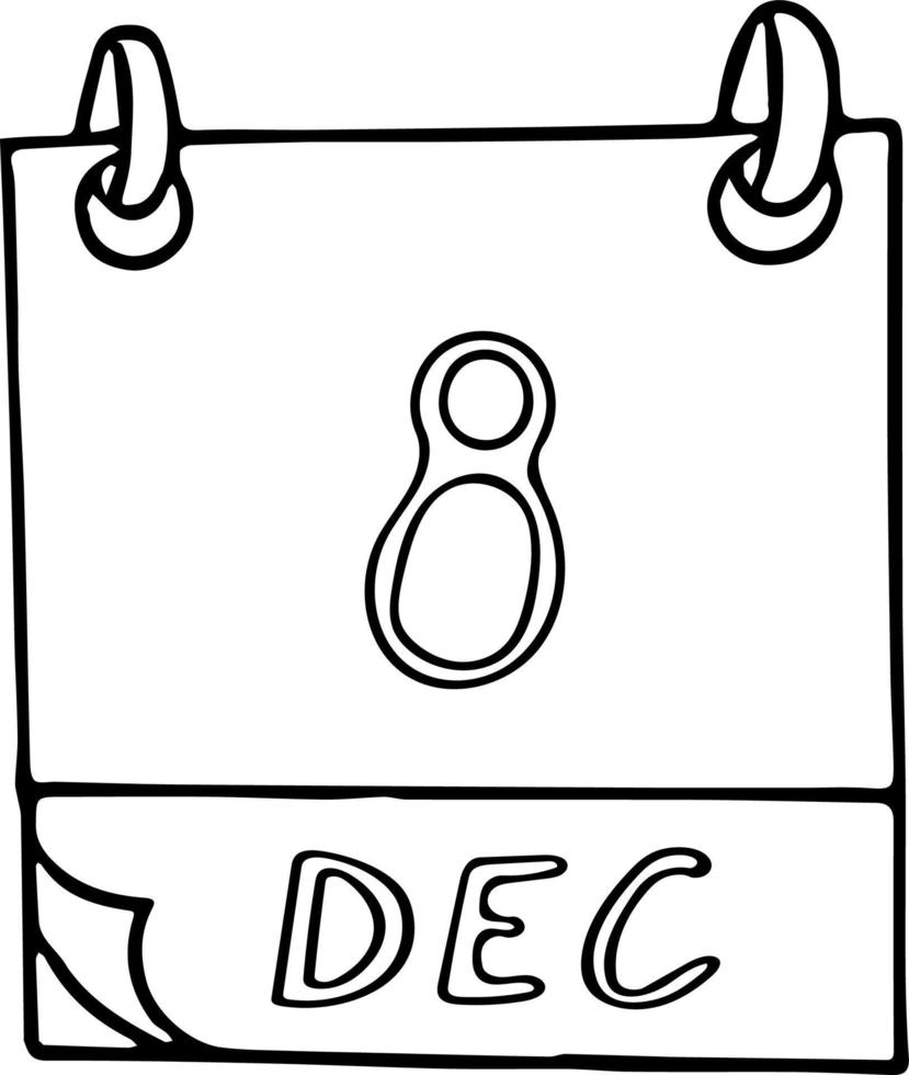 kalender hand dragen i klotter stil. december 8. dag, datum. ikon, klistermärke element för design. planera, företag Semester vektor