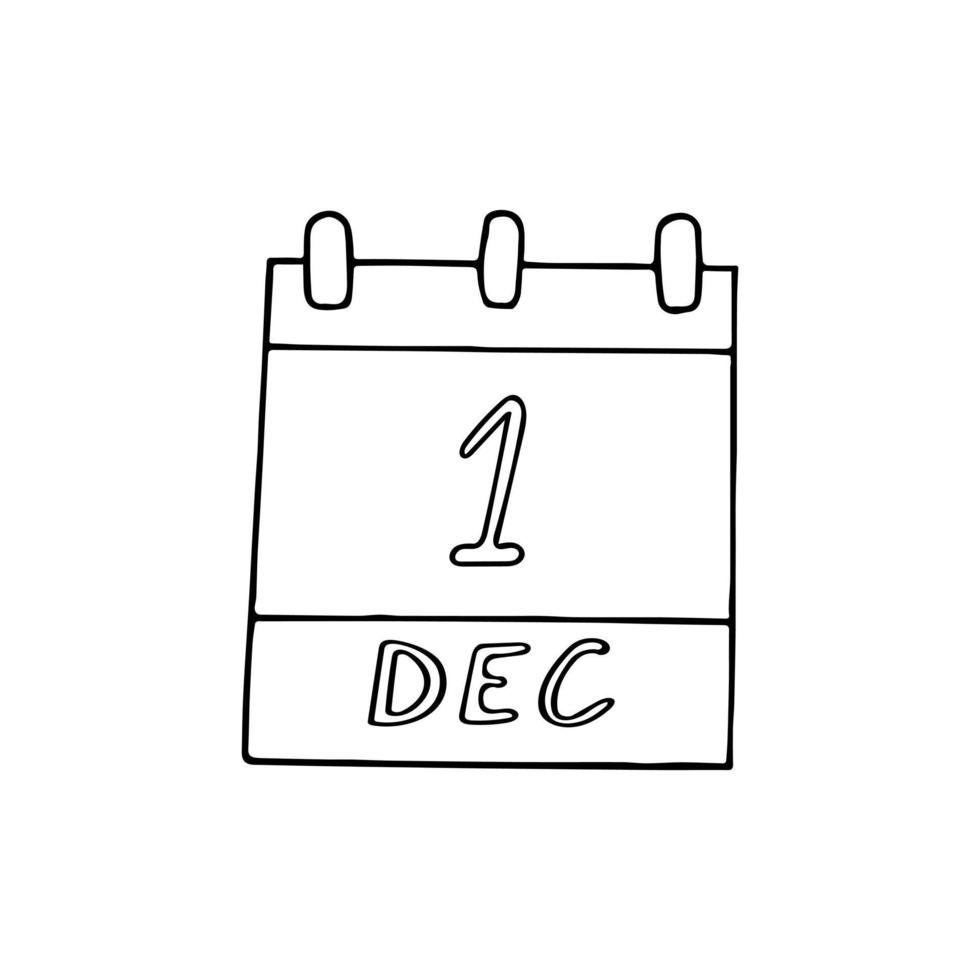 Kalenderhand im Doodle-Stil gezeichnet. 1. dezember welt-aids-tag, datum. Symbol, Aufkleberelement für Design vektor
