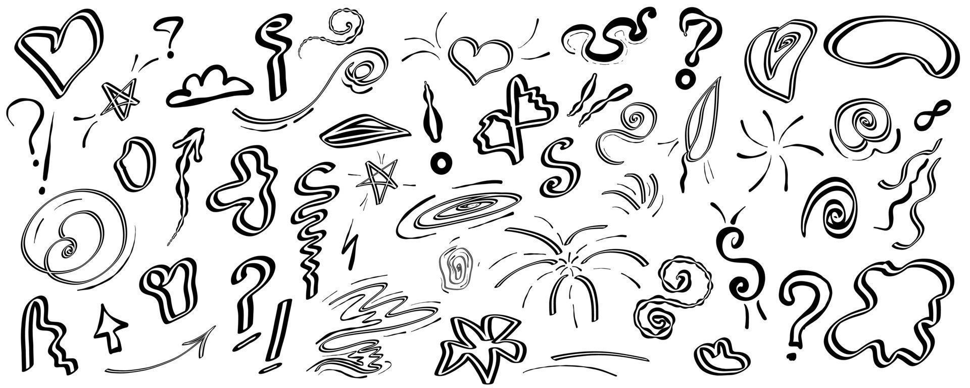 doodle Swish im Sketch-Stil. einfache Strichzeichnung. handgezeichnetes kritzelset. handgezeichnetes graffiti-doodle mit questoins, pfeil, herz und liniengekritzel vektor