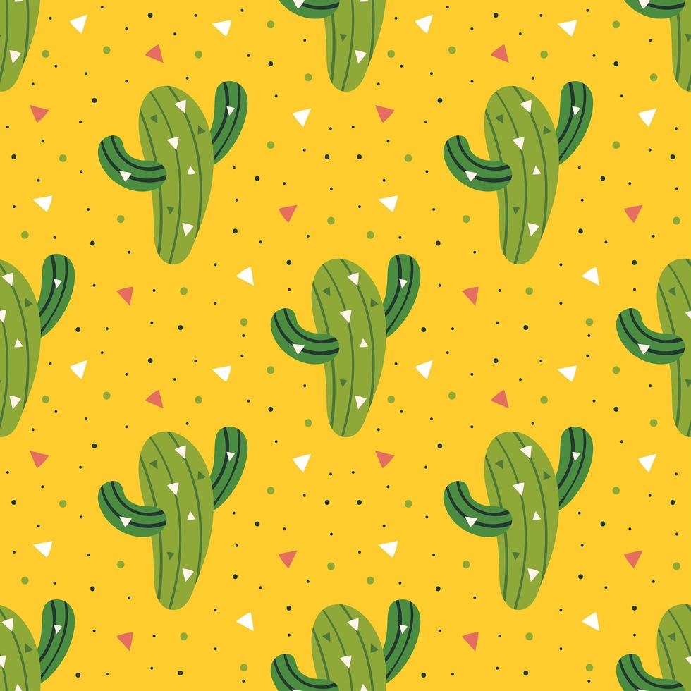 liten söt grön kaktus på gula sömlösa mönster vektor