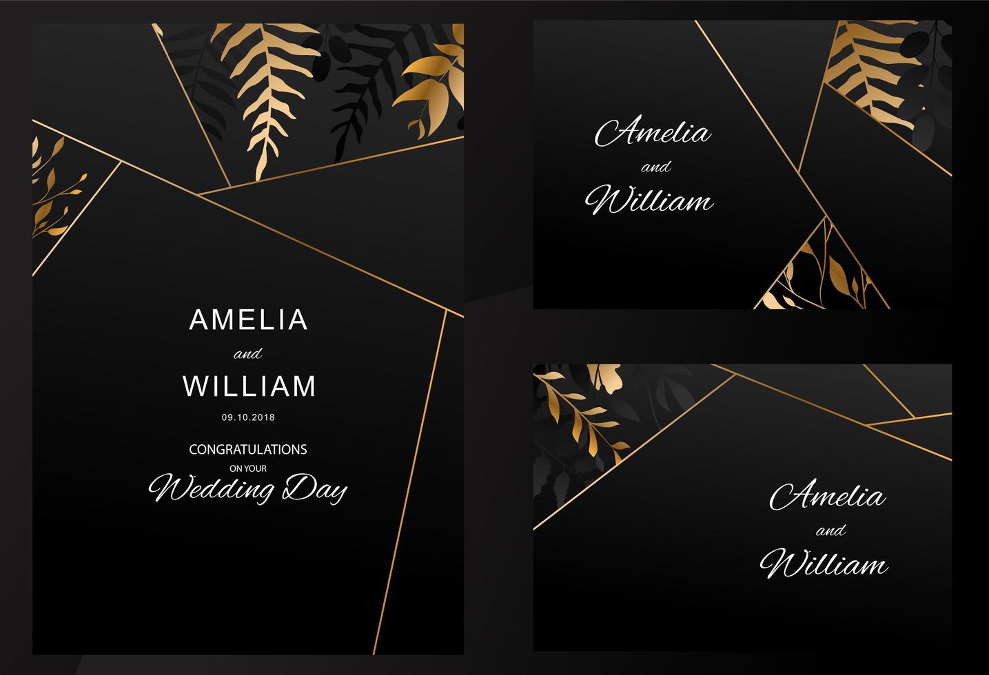 Goldblätter auf schwarzem Hochzeitskartensatz vektor