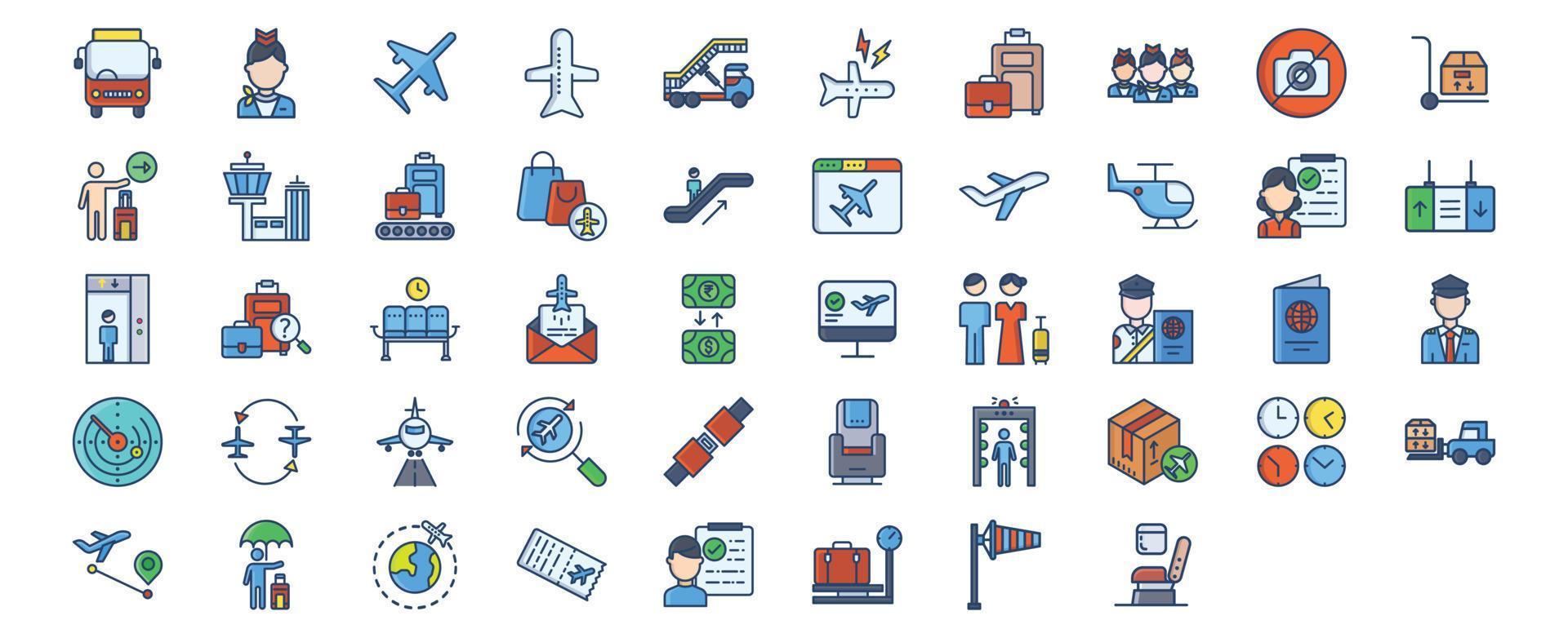 Sammlung von Symbolen im Zusammenhang mit Flugreisen und Flughäfen, einschließlich Symbolen wie Stewardess, Flugzeug, Gepäck, Duty-Free, Passagier und mehr. vektorillustrationen, pixelperfekter satz vektor