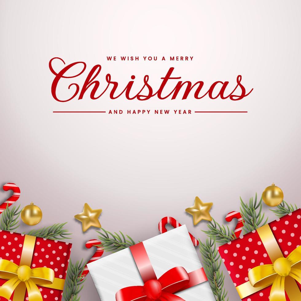jul och ny år bakgrund. xmas baner med realistisk gåvor låda tall gran frodig träd, godis sockerrör, gyllene bollar. Bra för hälsning kort, affisch vektor illustration