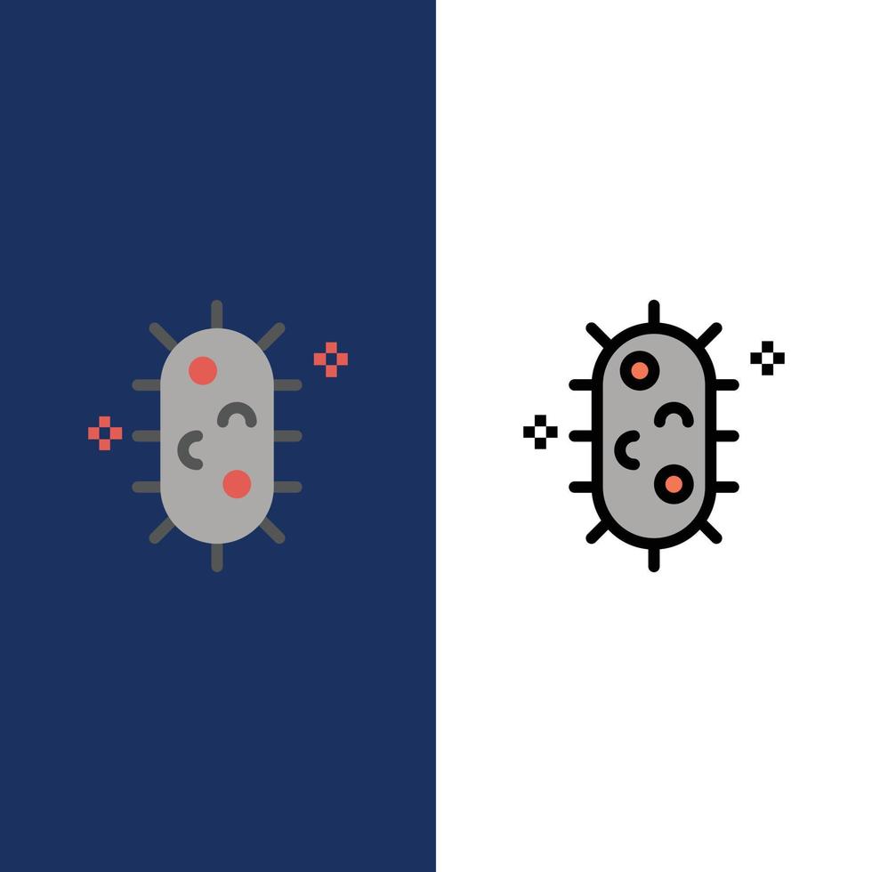 Bakterien Biochemie Biologie Chemie Symbole flach und Linie gefüllt Symbolsatz Vektor blauen Hintergrund