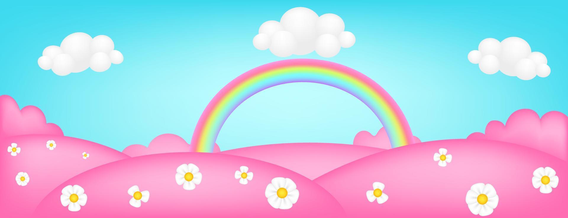 Wiesenpanorama 3D-Vektorillustration. helle landschaft des rosa talkinderhintergrundes. bunte niedliche landschaft mit fantasiewiese, bäumen, blumen, blauem himmel, regenbogen, wolken für kinderseiten. vektor