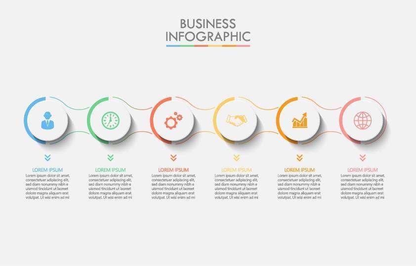 bunte verbundene Kreis 6 Schritt Infografik vektor