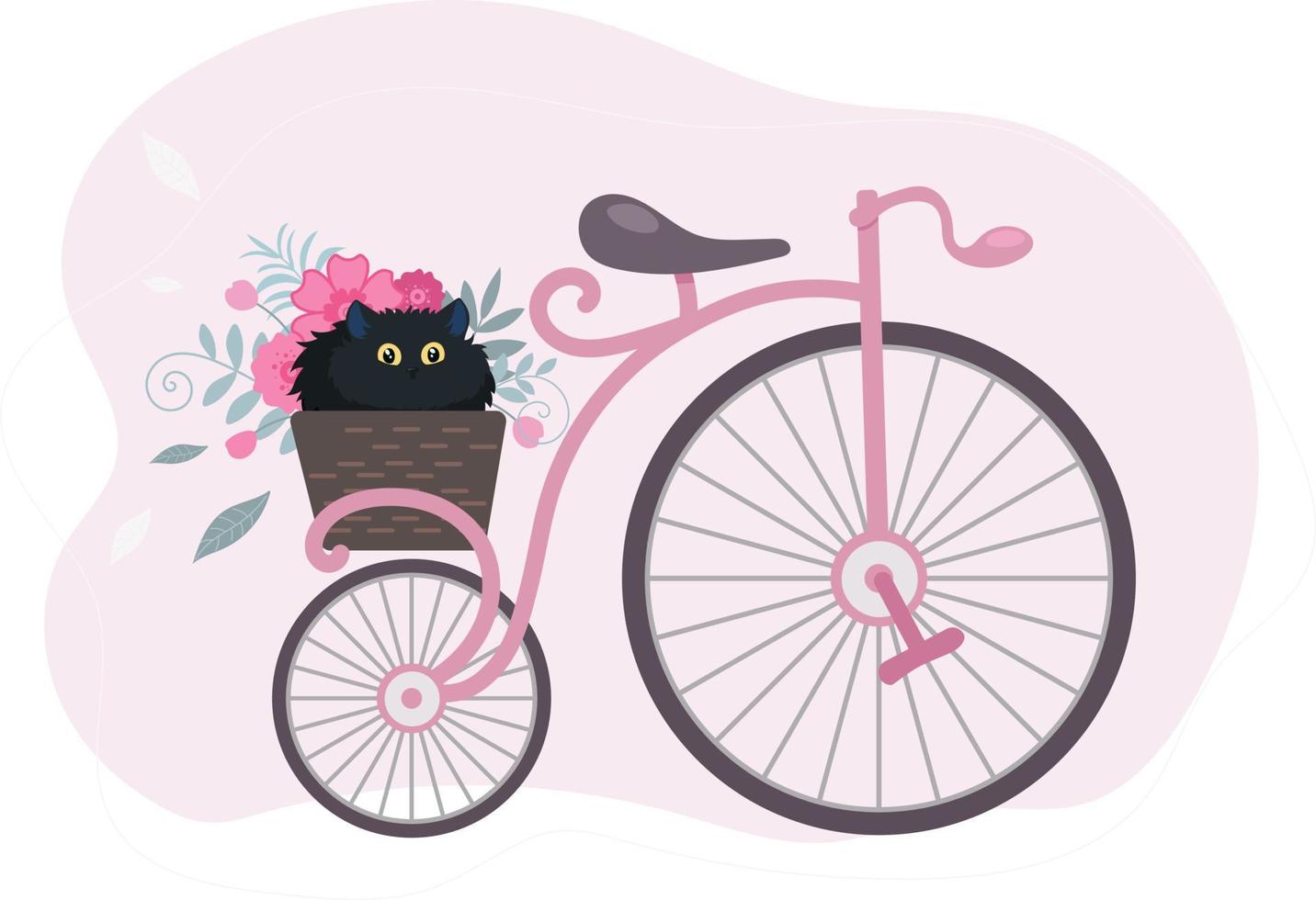 retro årgång cykel med en korg av blommor och en svart katt. illustration i tecknad serie platt stil vektor