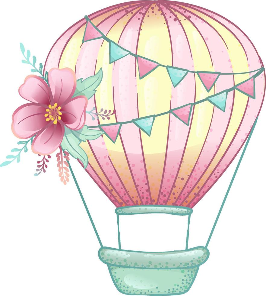 rosa heißluftballon dekorieren mit blume, handgezeichnete karikaturillustration vektor