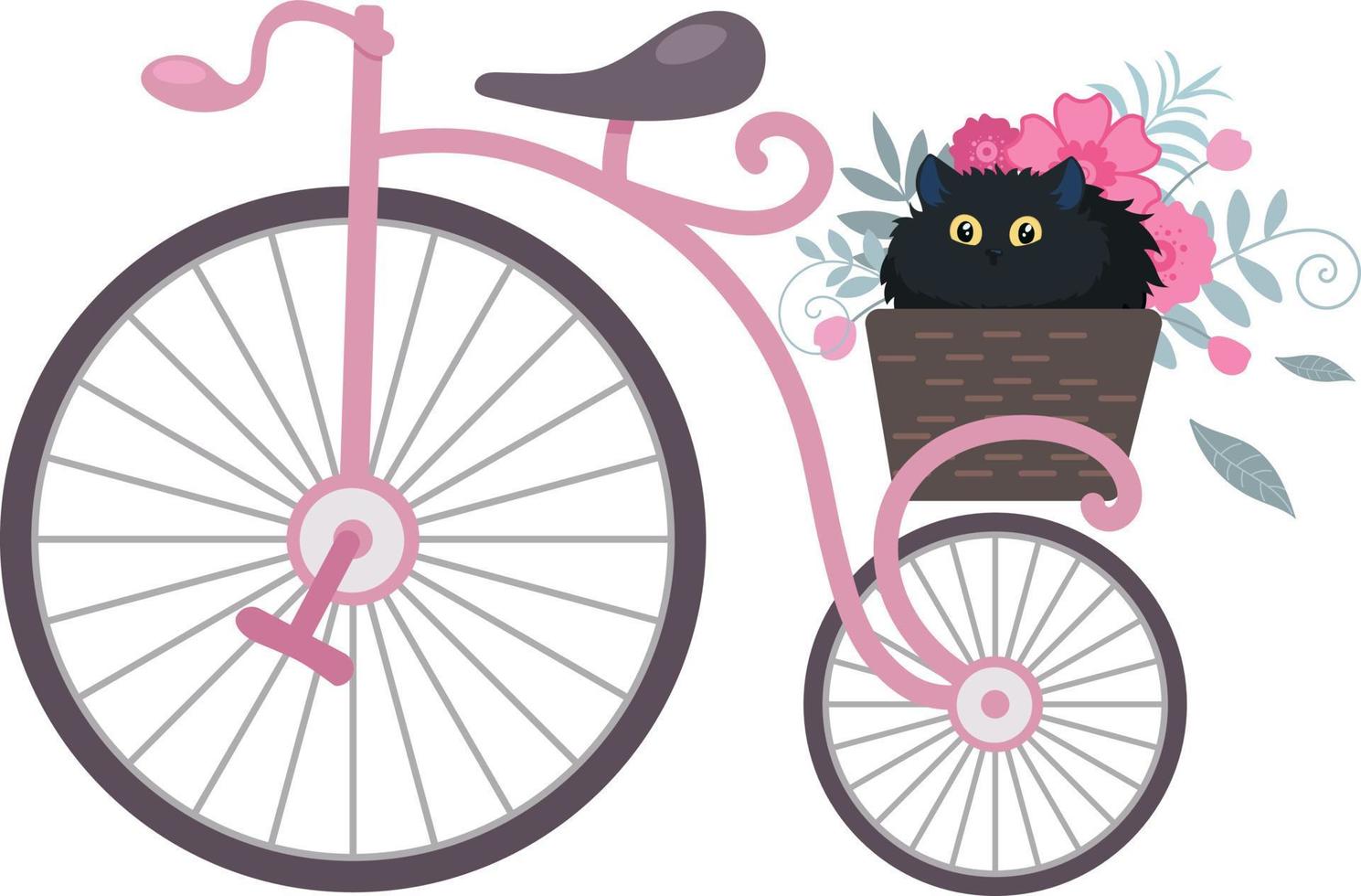 retro årgång cykel med en korg av blommor och en svart katt. illustration i tecknad serie platt stil vektor