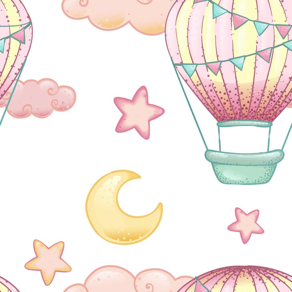 Mond, Sterne und Heißluftballon, Muster im Boho-Cartoon-Stil, nahtloses Muster vektor