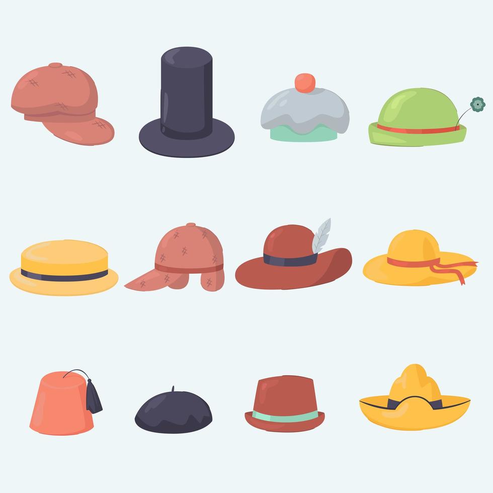 verschiedene Cartoon-Stil Hüte und Mützen Sammlung vektor