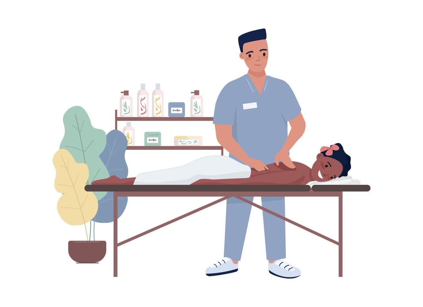 massage 2d-vektor isolierte illustration. flache charaktere des spa-salonverfahrens auf karikaturhintergrund. körperbehandlungsservice bunt editierbare szene für handy, website, präsentation vektor