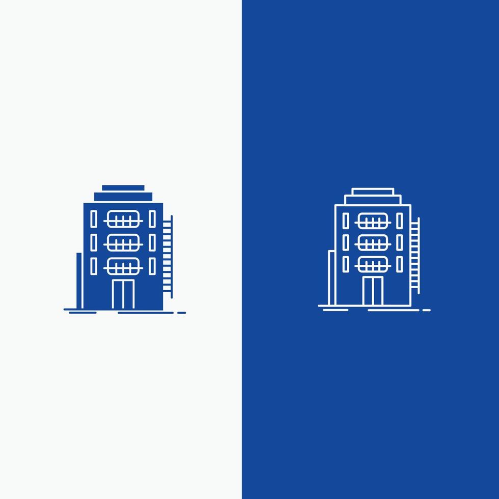 Gebäude Stadt Schlafsaal Herberge Hotel Linie und Glyphe Solid-Symbol Blaue Bannerlinie und Glyphe Solid-Symbol vektor