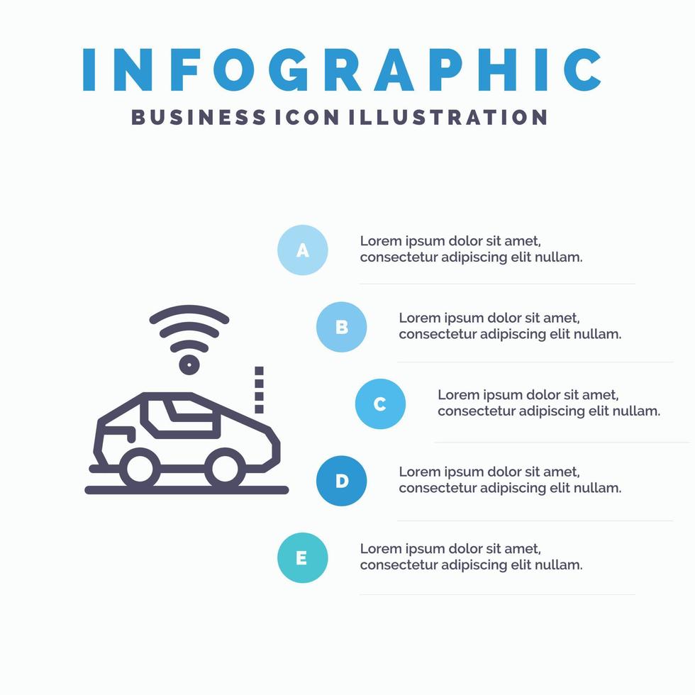 Auto-Auto-WLAN-Signalleitungssymbol mit 5-Schritten-Präsentationsinfografiken-Hintergrund vektor