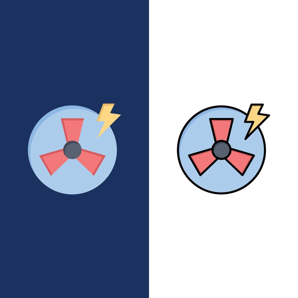 Fan Power Energiefabrik Symbole flach und Linie gefüllt Icon Set Vektor blauen Hintergrund