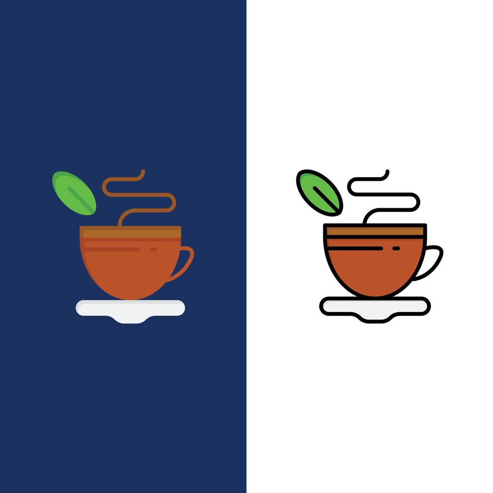 Tee Tasse heißen Kaffee Symbole flach und Linie gefüllt Icon Set Vektor blauen Hintergrund
