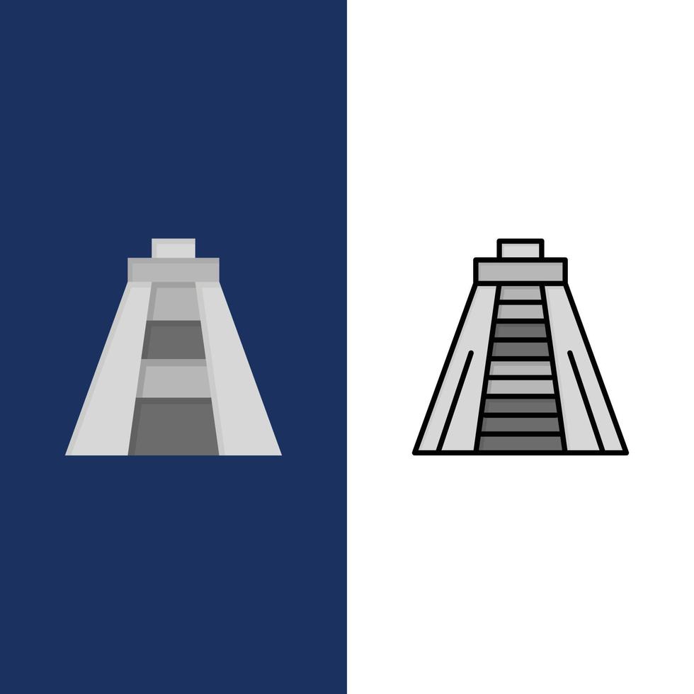 chichen itza landmärke monument ikoner platt och linje fylld ikon uppsättning vektor blå bakgrund