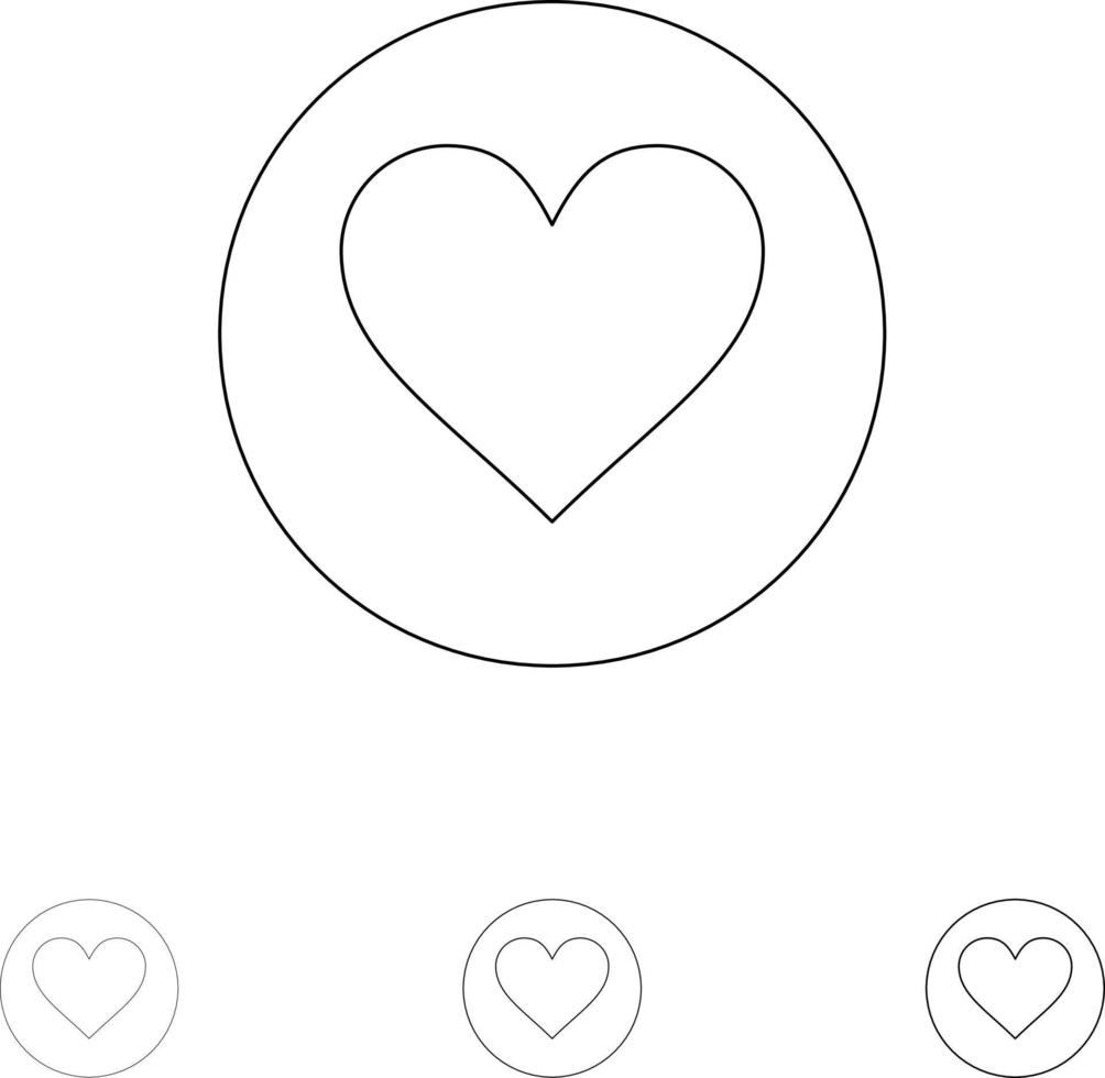 kärlek hjärta favorit spricka djärv och tunn svart linje ikon uppsättning vektor
