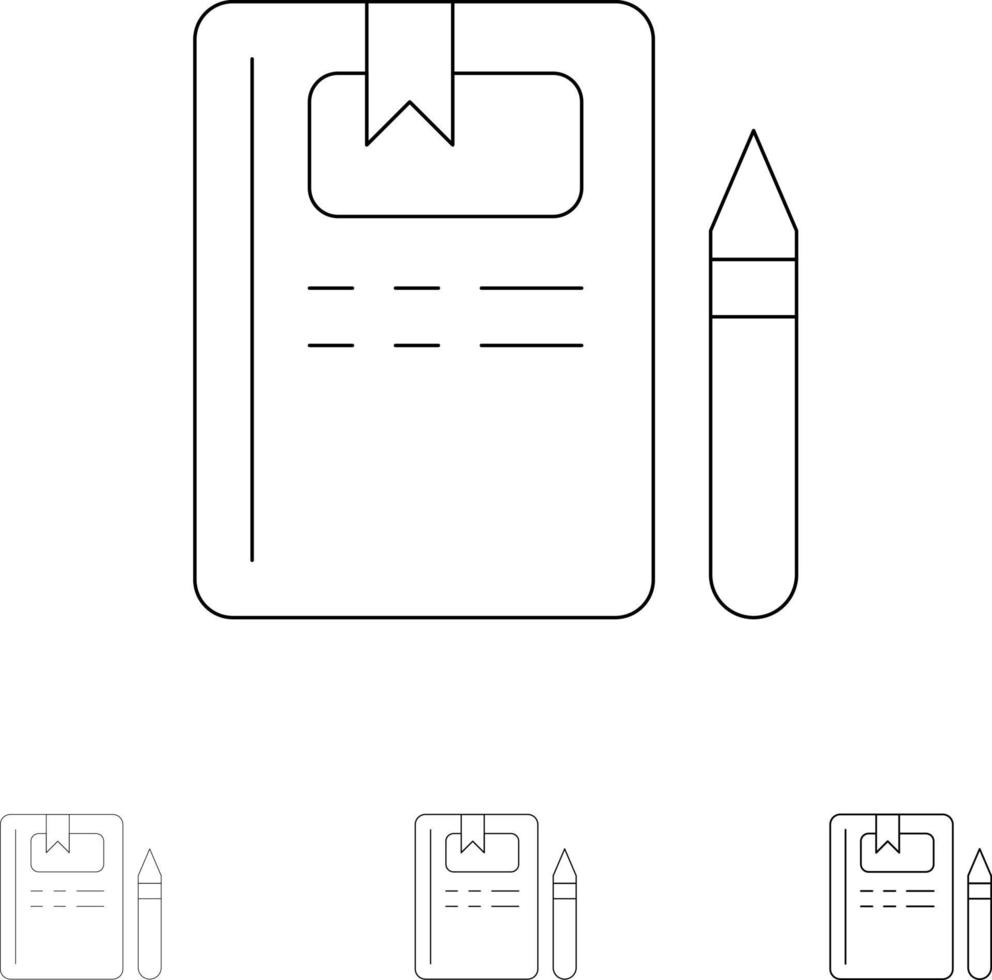 Buch Bildung Wissen Bleistift Fett und dünne schwarze Linie Symbolsatz vektor