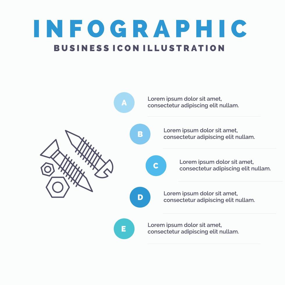 Schrauben Hochbau Werkzeug Arbeitslinie Symbol mit 5 Schritten Präsentation Infografiken Hintergrund vektor