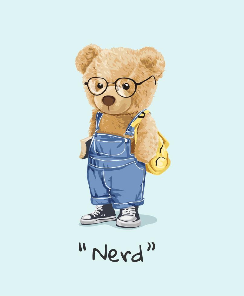 Nerd-Slogan niedliches Bärenspielzeug im Brillenkleidungsdesign vektor