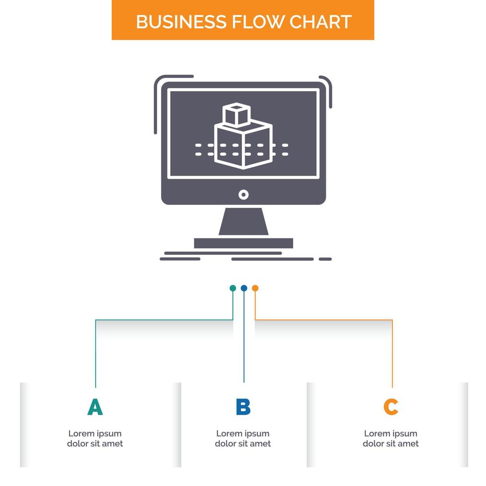 3d. kub. dimensionell. modellering. skiss företag strömma Diagram design med 3 steg. glyf ikon för presentation bakgrund mall plats för text. vektor